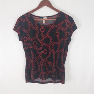 Susan Lawrence Shirt‎ Womens Medium Top Black Red Chain Graphic Short Sleeve Tee